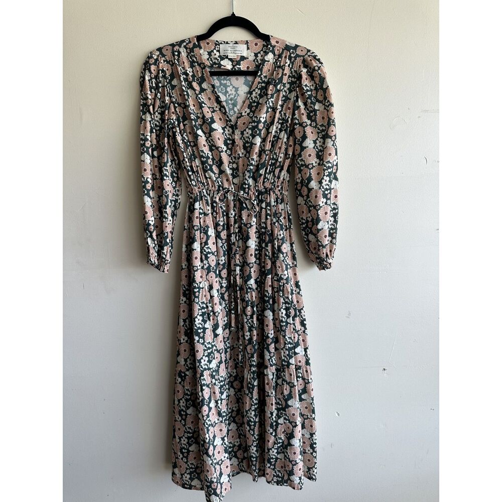 Trovata Birds of Paradis Floral Midi Dress Women’s XS Boho Puff Sleeve